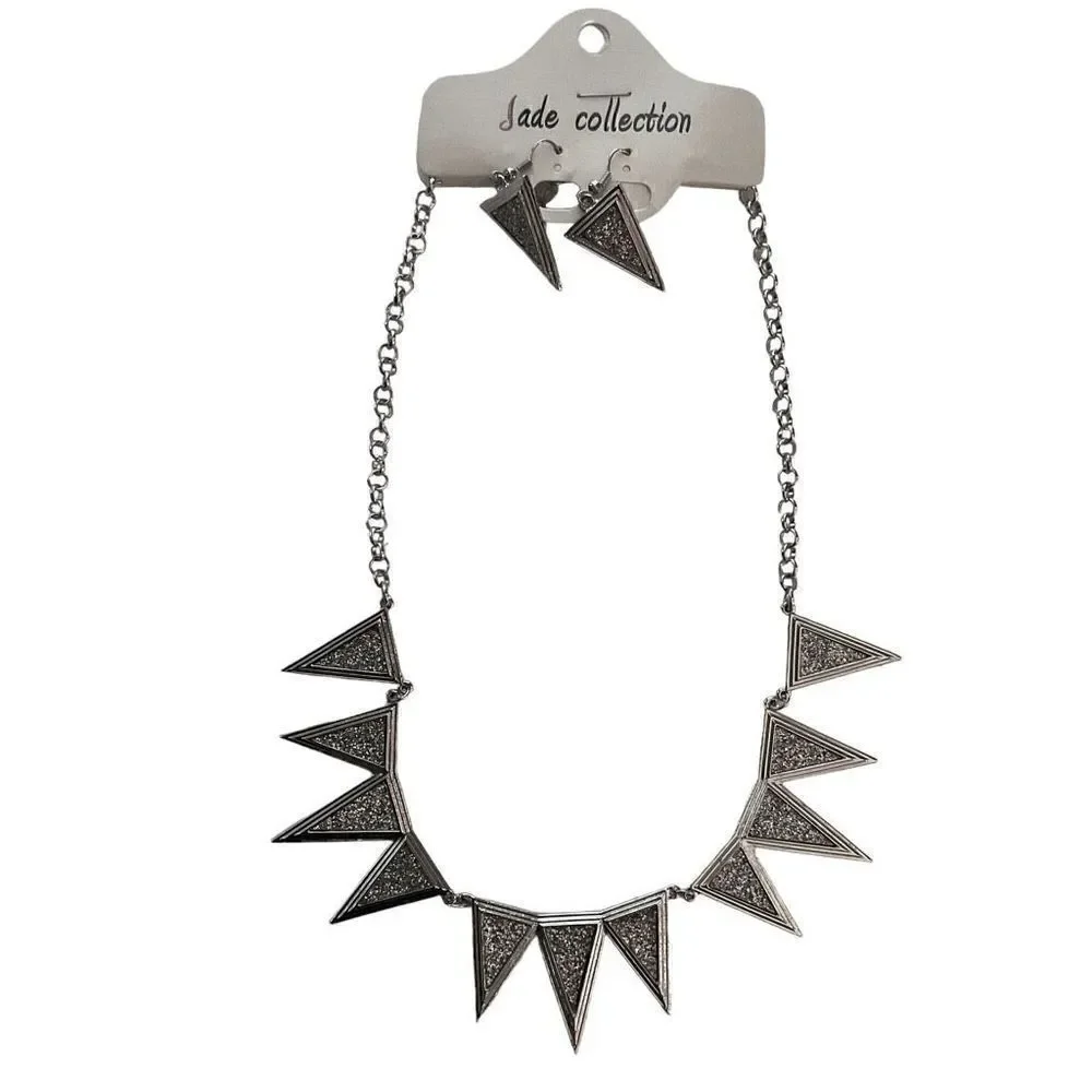 Jade Collection Necklace Earring Set Silver Toned Crushed Rhinestone Triangles